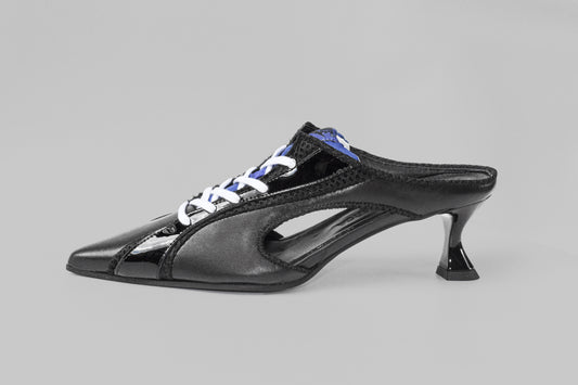 A photograph of the side view of Ancuta Sarca Moto' Mule Black, 5CM SCULPTED HEEL, SLIP-ON STYLE, PANELLED DESIGN, FAUX LACE-UP FASTENING, LOGO PATCH MESH TONGUE, BRANDED FOOTBED POINTED TOE, MADE IN ITALY