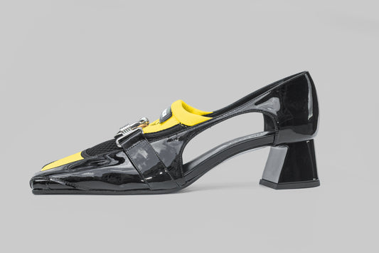 A photograph of the side view of Ancuta Sarca Olga Loafer black, 4.5CM HEEL, PANELLED DESIGN, SQUARE TOE, CUTOUT AT SIDES, SILVER TONE HARDWARE, MADE IN ITALY