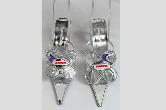 BLOSSOM SILVER STRAPPY SANDAL / UPCYCLED FLOWER MOTIF