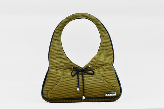 'HOODIE' OLIVE HANDBAG WITH DRAWSTRINGS AND FRONT POCKET.