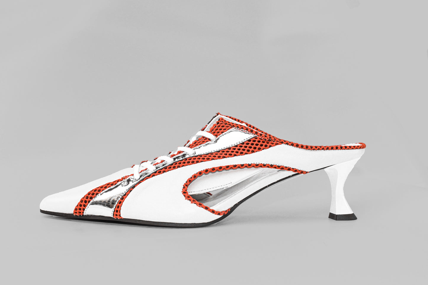 A photograph of the side view of Ancuta Sarca Moto' Mule White, 5CM SCULPTED HEEL, SLIP-ON STYLE, PANELLED DESIGN, FAUX LACE-UP FASTENING, LOGO PATCH MESH TONGUE, BRANDED FOOTBED POINTED TOE, MADE IN ITALY